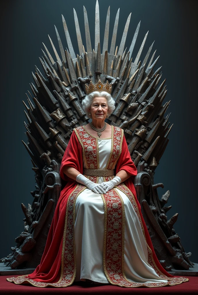 Queen Elizabeth II sitting on the Iron Throne from the Game of Thrones series. 