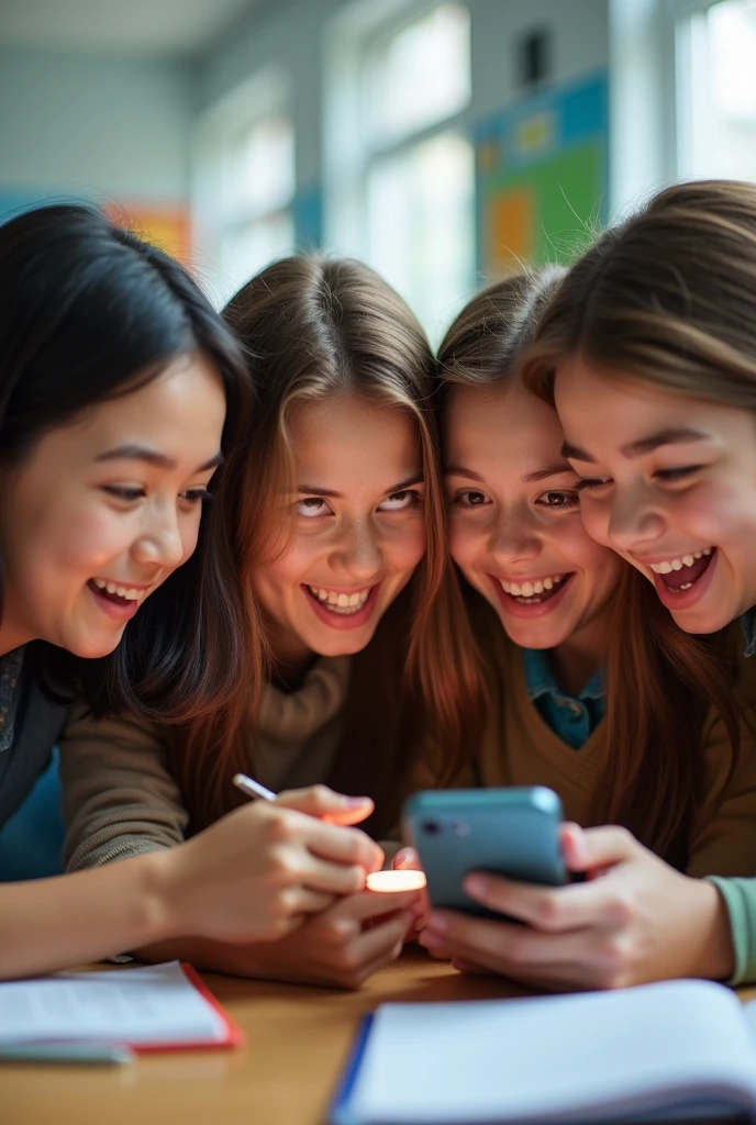 Make me a group of 3 friends where they are looking at their cell phones at school. They are young adults (no caricature)