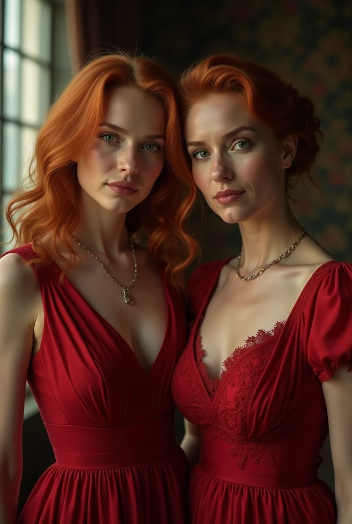 Mulher de cabelo marrom com vestido laranja luxuoso do tempo 2000-90-80, com outra mulher de cabelo vermelho pele branca com vestido vermelho tempo 2000-90-80