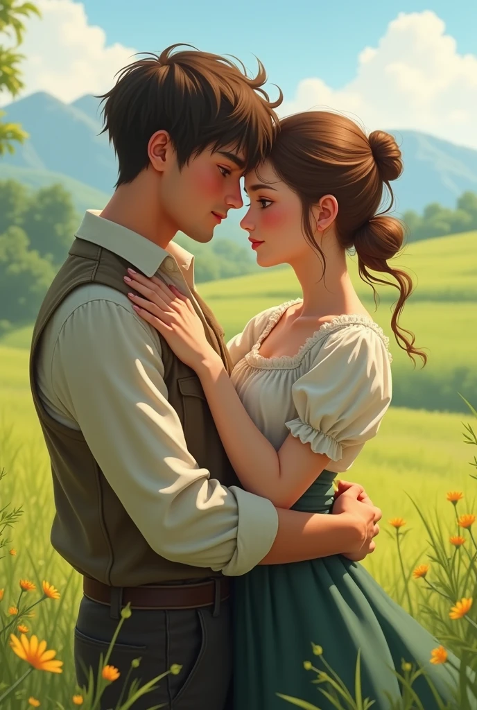 ((best quality)), ((masterpiece)), (detailed),(perfect face),An image depicting a age boy and girl standing together in a lush green landscape under a clear blue sky. The boy and girl are close to each other, their arms intertwined or hands gently clasped. They have affectionate expressions, perhaps gazing into each other's eyes or sharing a tender moment. The surrounding nature is vibrant and abundant, with tall trees, colorful flowers, and rolling hills. Birds may be seen flying overhead, and a gentle breeze rustles the leaves, adding to the sense of serenity and romance.