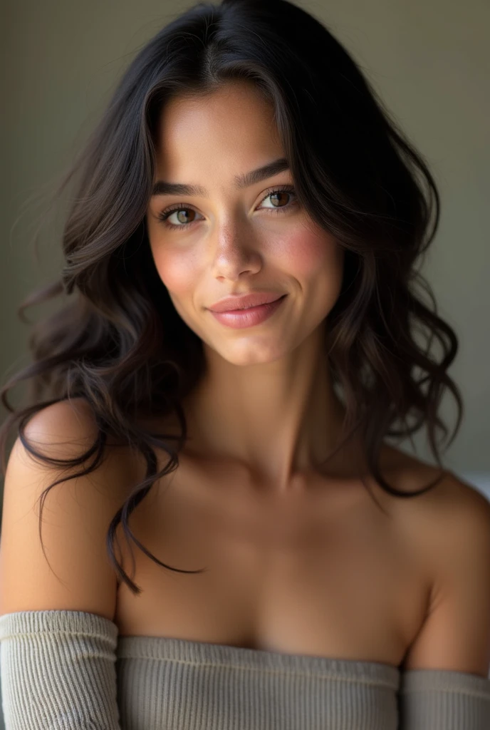 A brunette girl with curly hair and big breasts, take a realistic passport photo
