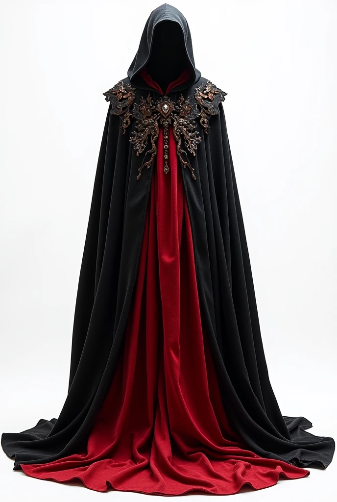 The design of the dress is open at the front with a red and black vampire theme and there is a cape at the back.