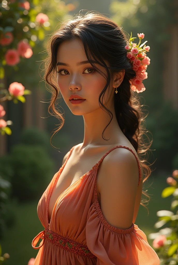 Create a stunning portrait of a beautiful woman standing in a lush, romantic garden. She is adorned with a vibrant red rose, delicately held between her fingers. The soft, golden hour lighting bathes her in a warm, ethereal glow, accentuating her elegance. Render this artwork in a style reminiscent of Renaissance masters, focusing on classical realism. Use oil painting as the medium to capture the depth and texture of her features. Emphasize the intricate details of her face and the lifelike quality of the scene. Ensure the color scheme is rich and deep, evoking a sense of passion and romance. Produce this image in high resolution for maximum impact.