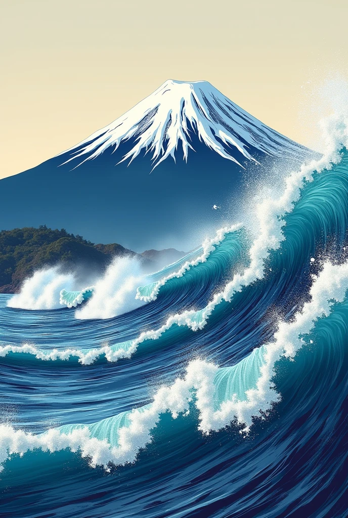  Katsushika Hokusai 　Dynamic, wild 々 clear waves and Mt . Fuji.  white waves and splashes appear to be alive.