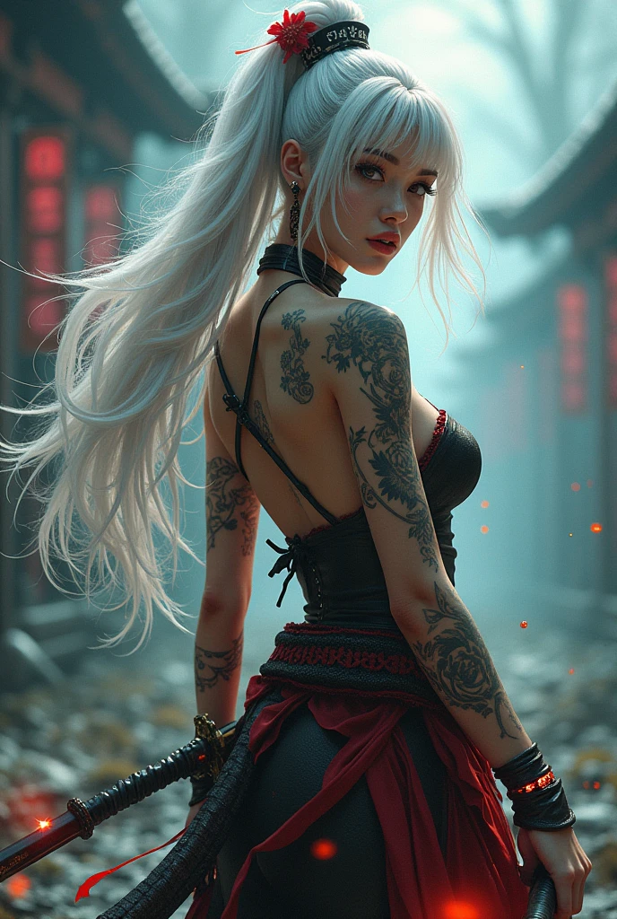 photorealistic, high resolution, 1women, solo, hips up, look at viewer, (detailed face), white hair, long hair, medium breasts, succubus, belly tattoo, tail