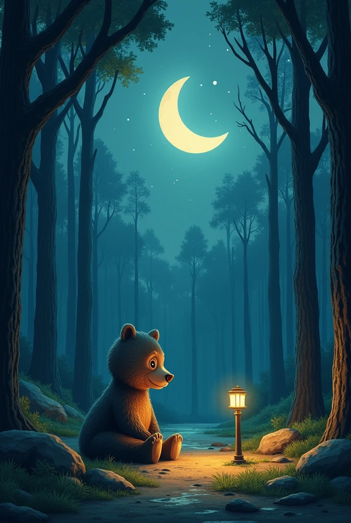 A boy sleeps in a hammock tied to a tree in a forest lit by the moon, fireflies, a stream, and wild animals.