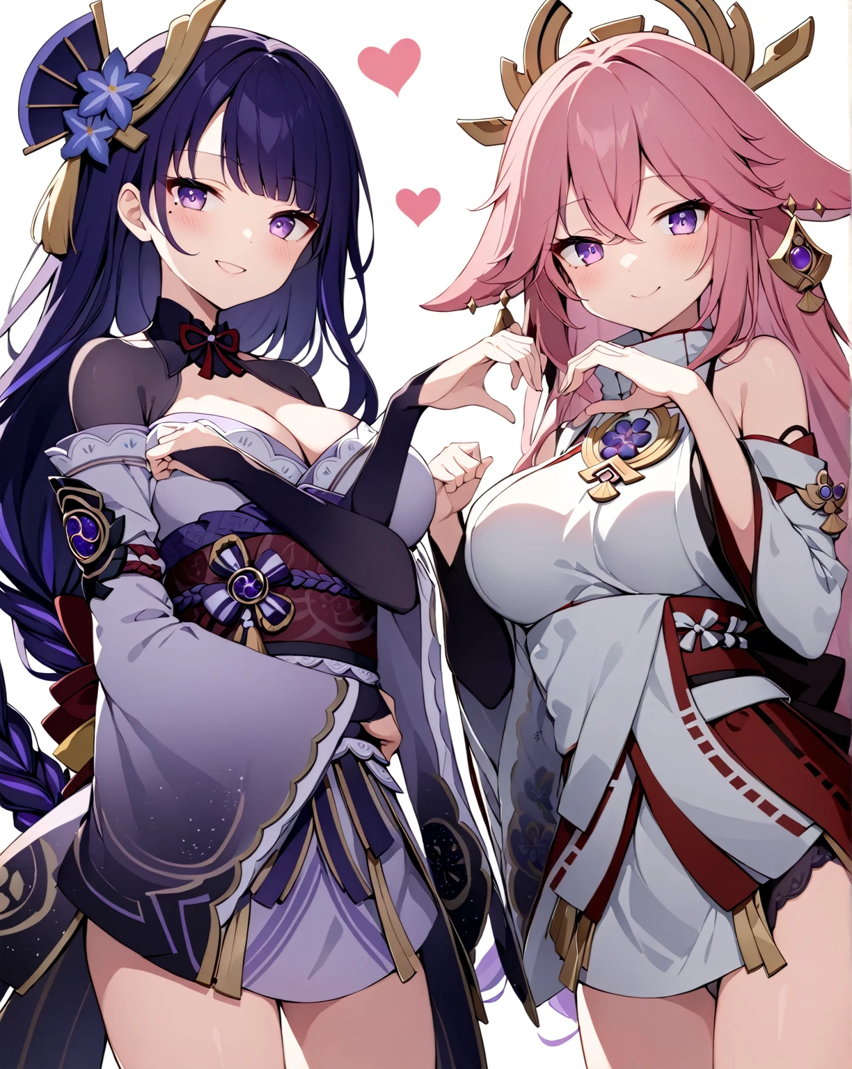 two anime girls posing in an art style pose against each other.,  multiple girls, 2girls, , purple hair, long hair, pinkhair,  purple eyes, pink hair, looking at viewer, smile, Hand Heart , white background, thumbs up, green ribbon, red eyes,yae_miko, long_hair, pink_hair, purple_eyes, detached_sleeves, japanese_clothes,raiden_shogun,kimono,obi,solo,mole,hair_ornament,armor,ribbon,shoulder_armor,breasts,heart hands duo, thumbs up, heart hands