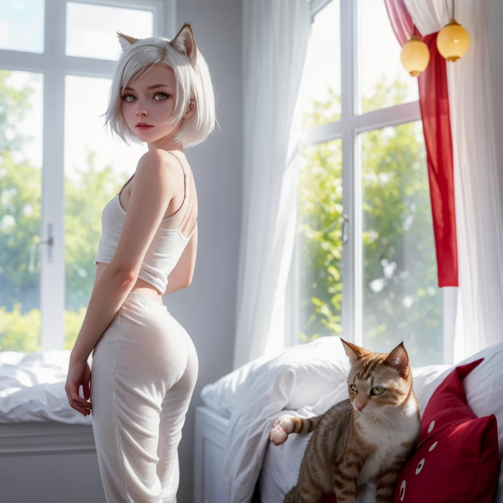 FrankieFoster, posing short eyes,pussy cat , super cute face, red elements on fur, beautiful lights and shadows, ambient light, super finelong pale expressionless, BREAK sun glare, bokeh, depth of field,light particles, strong wind,wearing pajamas cam shot showing off her butt short hair,white hair,wolf ears, red eyes,pussy