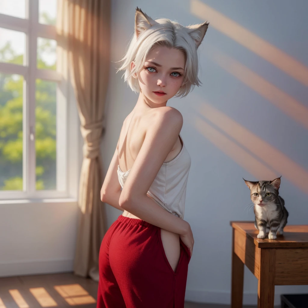 FrankieFoster, posing short eyes,pussy cat , super cute face, red elements on fur, beautiful lights and shadows, ambient light, super finelong pale expressionless, BREAK sun glare, bokeh, depth of field,light particles, strong wind,wearing pajamas cam shot showing off her butt short hair,white hair,wolf ears, red eyes,pussy