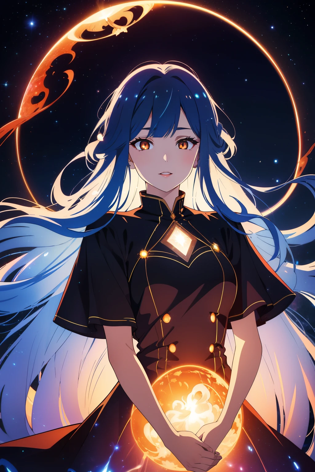 (high-quality, breathtaking),(expressive eyes, perfect face) portrait, 1girl, 1 boy, twins, solo, adult, Symmetrical Eyes, mum, age late 30's, black abyssal celestial hair, space in hair, light orange eyes, long hair length, soft wavy flowy hair, gentle smile, loose hair, side bangs, looking at viewer, portrait, happy expression, hair like smoke, starry night in hair, white skin, soft red lips, elegant, regal, hair with scenary, half closed eyes, floating in the air, luminous hair, Bioluminescence clothing, blue gradient hair, cowboy shot, medium full shot, tunic, flowly dress, black hole vibe, eclipsed moon