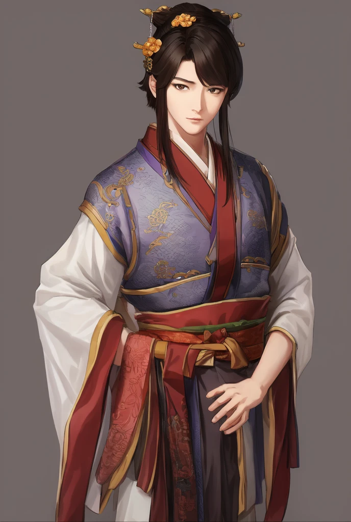 masterpiece, best quality, romance of the three kingdoms, realistic, game cg, watercolor \(medium\), 1boy, simple background, simple clothes, Oriental, with bangs, detailed hair, detailed brown eyes, detailed clothes, short hair, black clothes