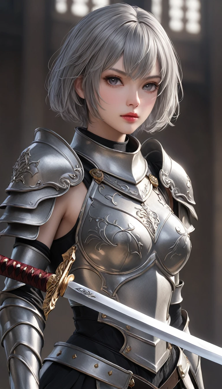 masterpiece,   high resolution on down ,   anatomically correct , 最 high quality,   high detail ,  high definition model ,   very detailed,   high quality,  Ultra High Definition,   Textured Skin, Realistic Skin, Delicate skin, Grey Hair,  Very Short Hair,  Sparkling Eyes,  high resolution on downの目, Adult women, textured lips, 
Wearing armor,
She has a sword in her hand,
 Dramatic Angle 