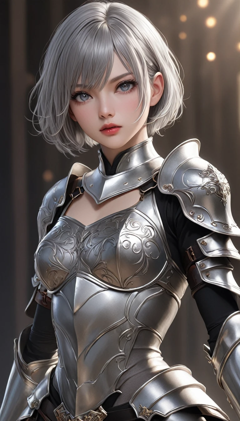 masterpiece,   high resolution on down ,   anatomically correct , 最 high quality,   high detail ,  high definition model ,   very detailed,   high quality,  Ultra High Definition,   Textured Skin, Realistic Skin, Delicate skin, Grey Hair,  Very Short Hair,  Sparkling Eyes,  high resolution on downの目, Adult women, textured lips, 
Wearing armor,
She has a sword in her hand,
 Dramatic Angle ,