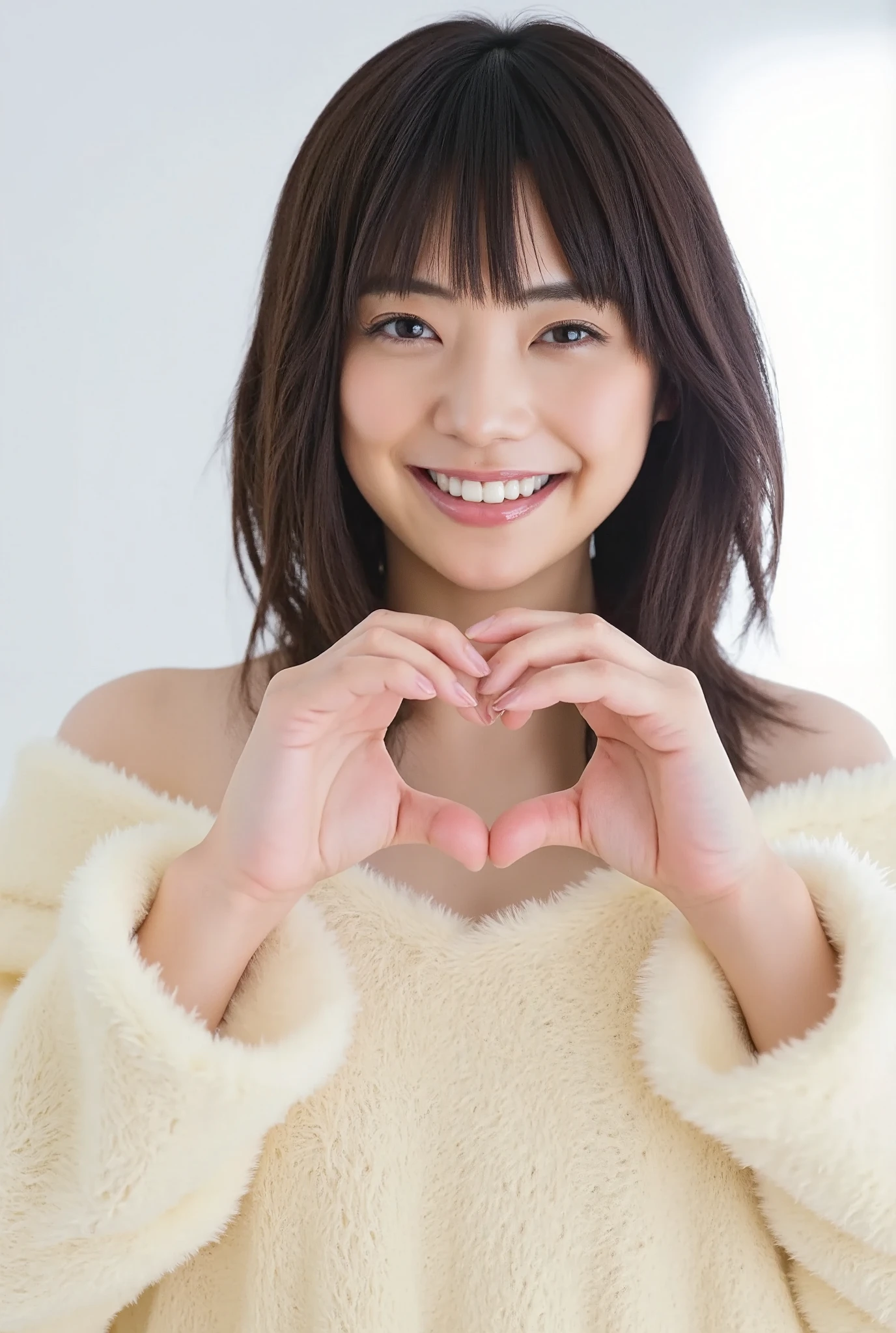 Only one woman with a cute smile wears cute, fluffy off-shoulder pajamas, makes a big heart shape with both hands, and poses them in front of her chest, View above collarbone、The background is a monotone 

