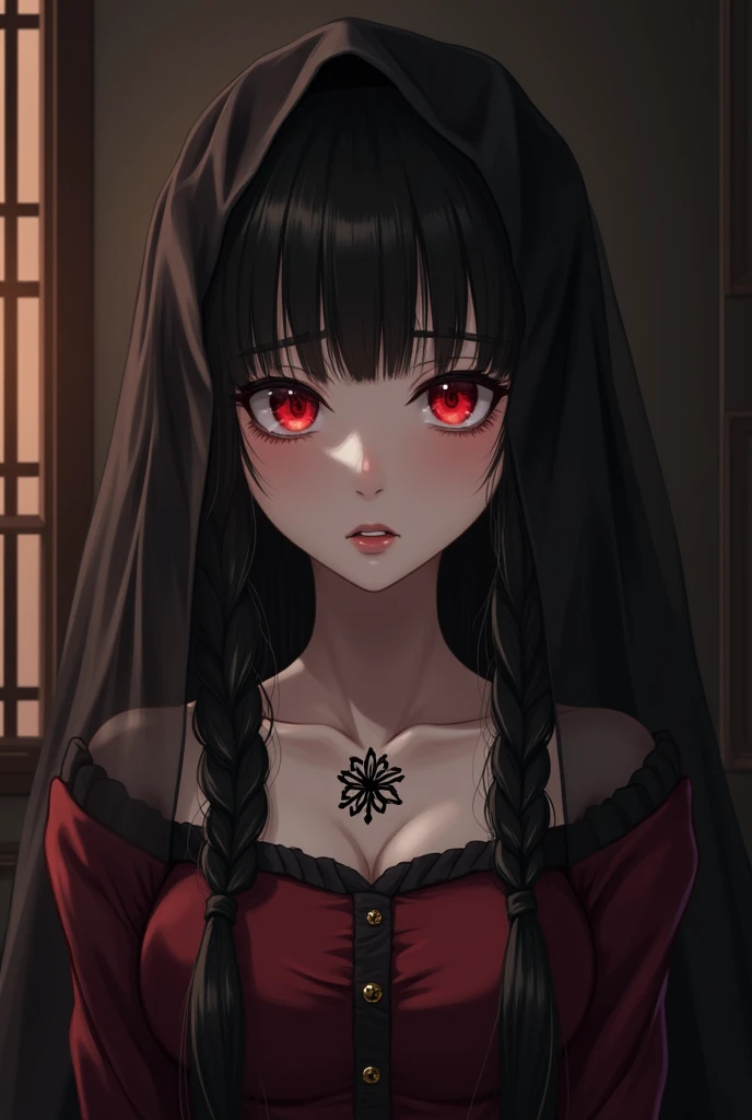 lora:flat:-1.2, masterpiece, best quality, 4k, 8k, 1 woman, solo, pale skin, tall stature, long hair, blunt bangs, side braid, black hair, ugly face, bad face, bad eyes, droopy eyes, unclear eyes, ruby red eyes, lemon yellow eyes, pale skin, black eyeliner, black eye shadow, heterochromia, slender frame, frightened, ofuda, jiangshi costume:1.2, sheath long skirt, China dress, fang, horror, coffin, forest, dark night, stormy weather, fog, from front, cowboy shot, look at viewer, paw pose,