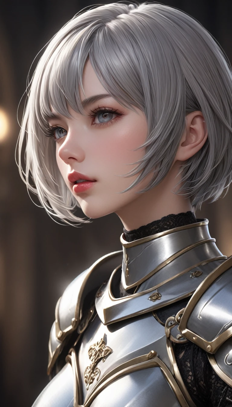 masterpiece,   high resolution on down ,   anatomically correct , 最 high quality,   high detail ,  high definition model ,   very detailed,   high quality,  Ultra High Definition,   Textured Skin, Realistic Skin, Delicate skin, Grey Hair,  Very Short Hair,  Sparkling Eyes,  high resolution on downの目, Adult women, textured lips, 
Wearing armor,
She has a sword in her hand,
 Dramatic Angle 