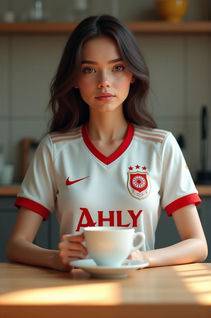 Thick redhead girl. Wearing sexy tracksuit, holding one cup of coffee, in the balcony in dubai