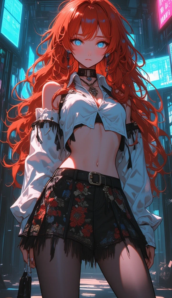 An anime girl with red hair and blue eyes wearing a skirt and an open shirt revealing a black and red lace bra