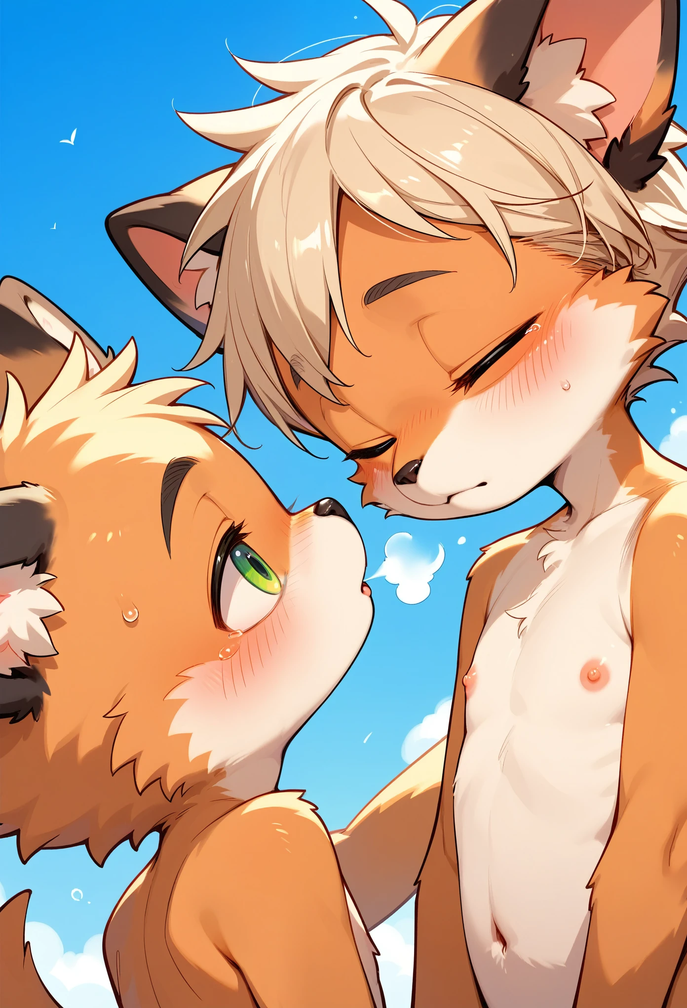 Super high resolution, detailed background, Kemoshota, naked, flaccid, phimosis, kiss to window, blushed,  furry boys, tear drops