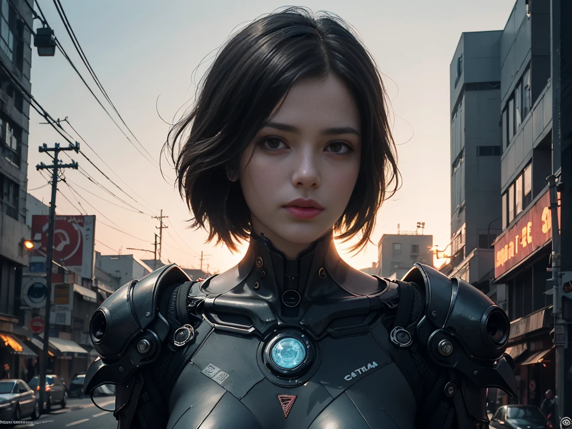 Ex Machina,the ai,Ghost in the Shell,Facial real skin,Mechanical bone network,closeup cleavage,Look at the camera affectionately,Future urban background,retrowave,A futuristic,octanerender,hyper-high detail,Ultra photo realsisim,cinematic ligh,8k