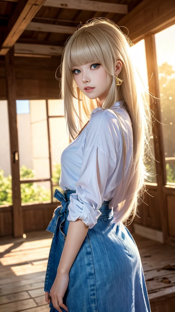(Best Quality, 8k, 32k, Masterpiece, UHD: 1.2), Photorealistic, Sharp, Ultra Definition, Ultra Photo Quality, 20 Year Old Korean Beautiful Woman, Realistic, Mixed with Caucasian, K POP Idol, (Mixed with Caucasian), (Western-like features)), Caucasian charm, 1 girl, (Ponytail + Blonde hair), Well-proportioned figure, Slim figure, (blonde), Double eyelids, ( attractive big eyes), (blue eyes), attractive bust, cleavage, between the thighs, white skin, shirt, white panties, (((tight skirt)), thighs, (mini skirt), skirt is flipped, (visible panties), buttocks, walking on the bridge, turning around and smiling, buckshot, from behind