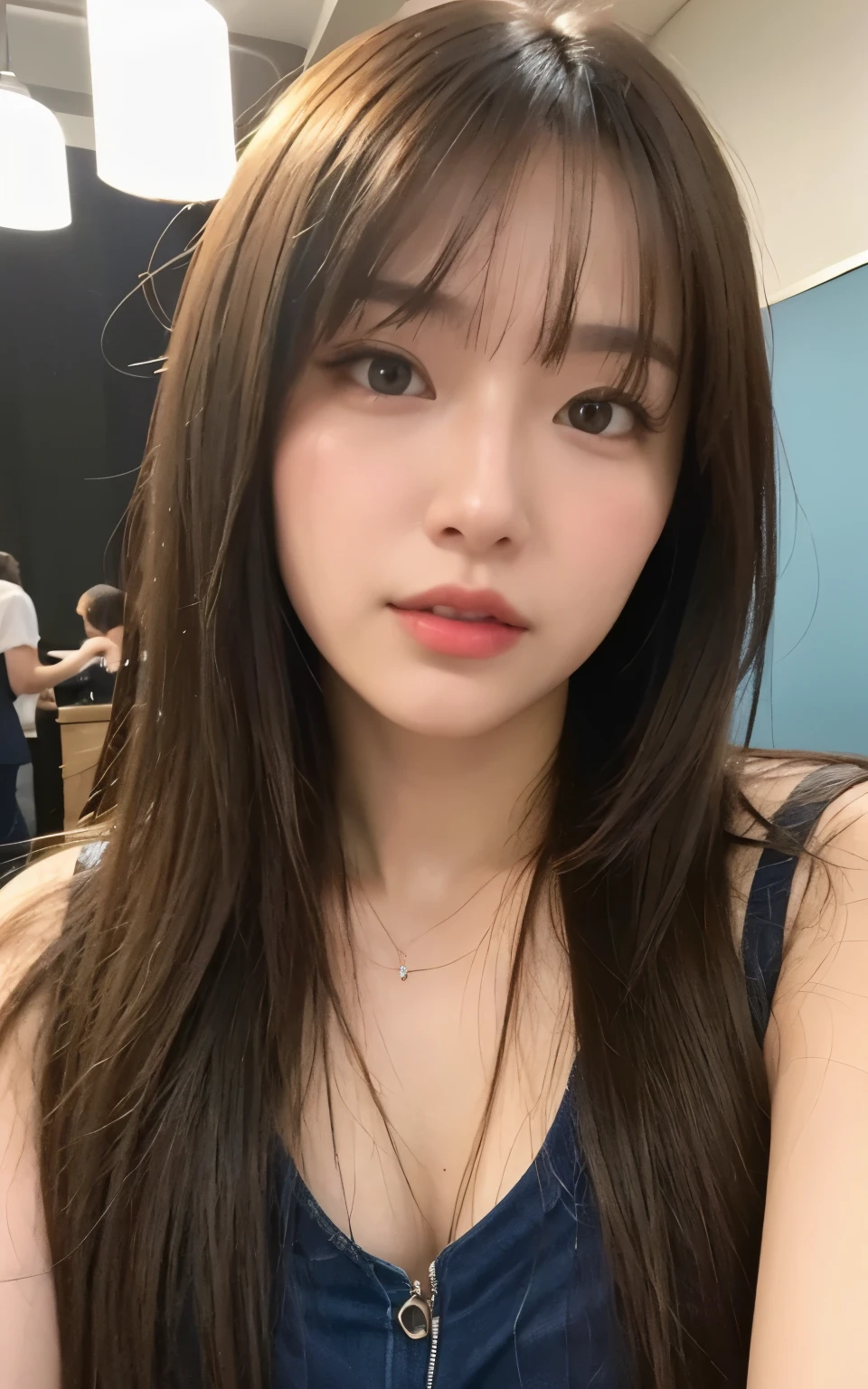 ( photorealistic from thigh to toe、Masseter region、Best Quality、 high resolution on down、 RAW photos up close)、（full body, There is no fabric, glamorous body）Realistic、 bright lights in front of the temple、 face light、 smooth professional lighting、 cute girl、Beautiful woman、Modeling、gravure、 natural makeup、 so beautiful、Realistic and beautiful skin、Plum Thighs, Beautifully detailed、  detail face 、big 、 clevis、 wavy hair in front of the station、bangs, Brown Hair、 Brown Eyes ,  Sexy Faces,  looking at the camera、Take a photo,  Seductive Poses,  cowboy shot,   widen the angle from below ,  real faces using AI technology ++, I want a kiss+++