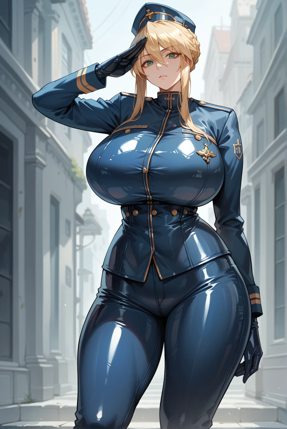 Artoria,beautiful face and eyes,(,latex,military Costume,military jacket,pants,latex long gloves,),salute,(gigantic huge busty,huge hips),solo girl,