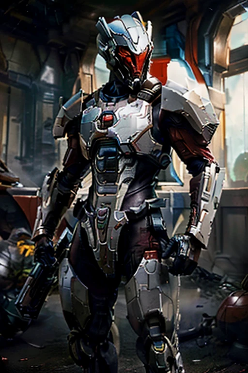 1male, masterpiece, high res, high detail, mech armor, holding a gun and sword,  helmet, cowboy shot, white and red armor, alien planet, battlefield background, epic