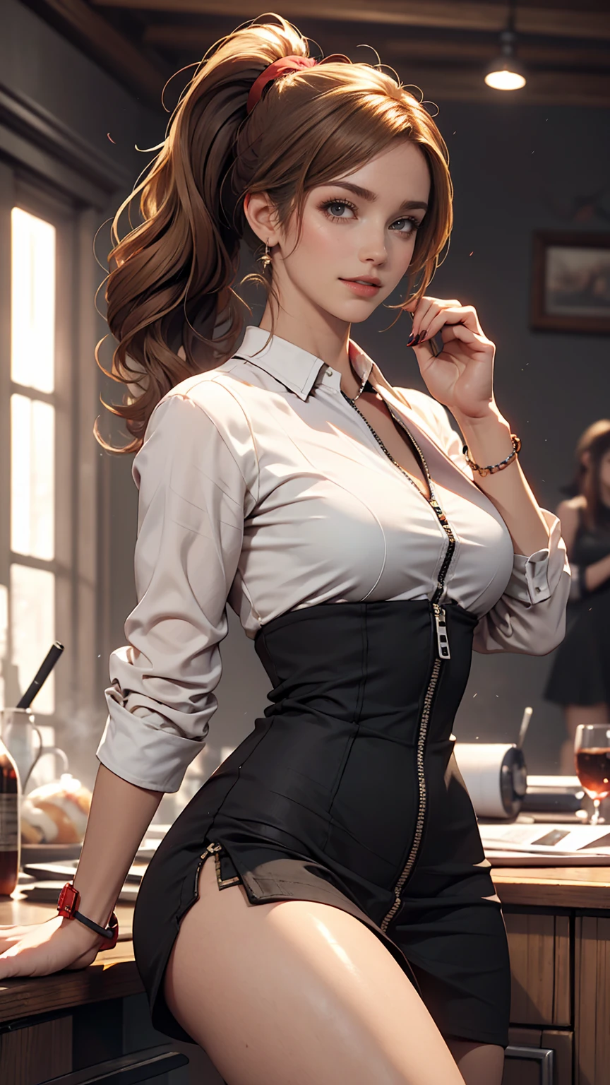 a gorgeous woman wearing a white silk shirt with a deep v neck, brown leather miniskirt, and a belt, cinched waist, dramatic lighting, photorealistic, high fashion editorial, corset, red hair, huge breasts, purple eyes, black makeup, crimson lips, looking at camera