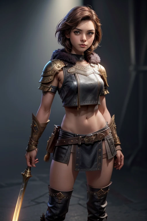  Young Viking woman , short brown hair, ojos marrones, leather armor, top leather straps ,  muscular shirt , fur skirt, bushy eyebrows,  looking at the camera , Epic character composition,  a look of determination,  full body,  masterpiece , super detail,  Natural lighting,  sharp focus,  ultra resolution , bottomless.