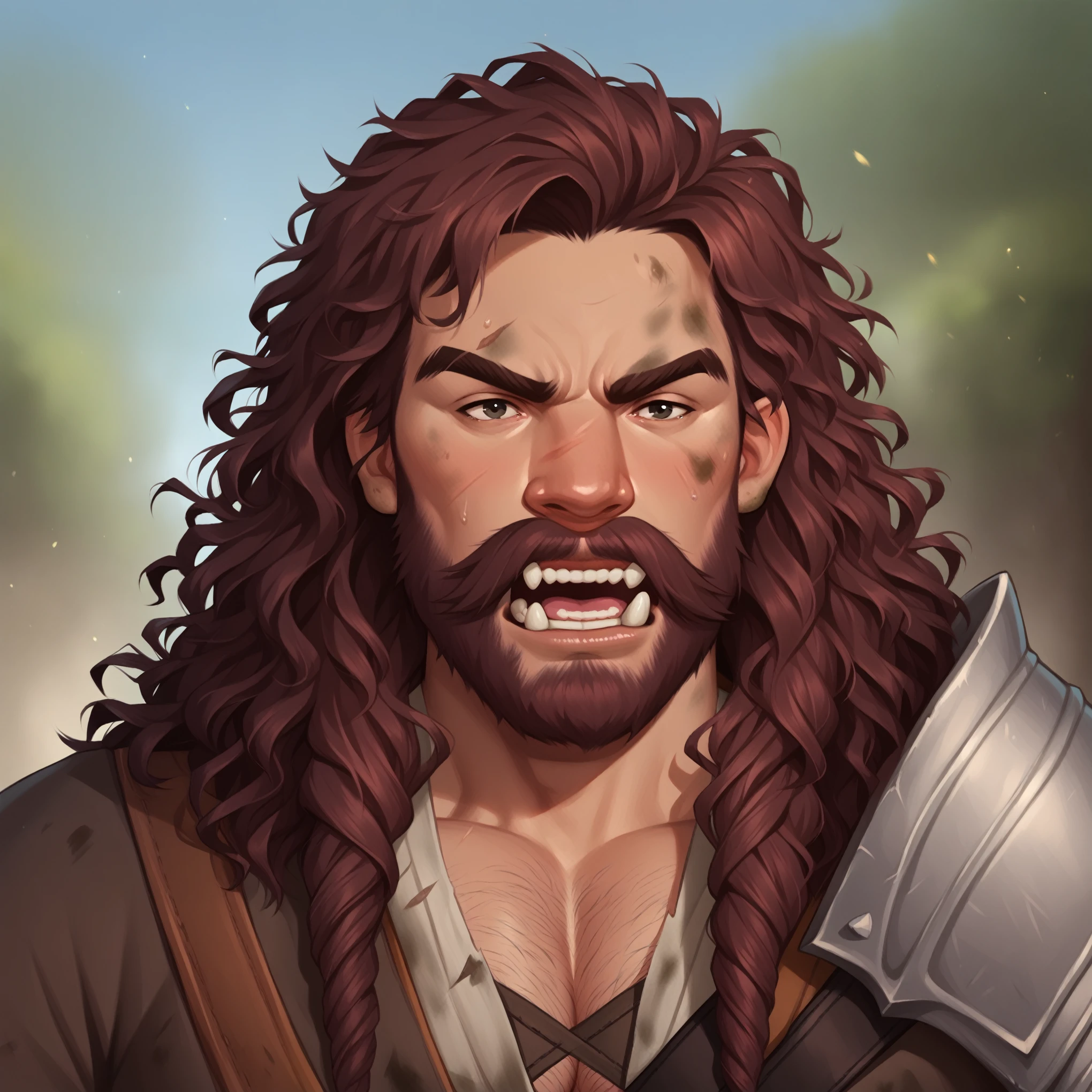 (((beautiful, high quality, detailed face))), score_9, score_8_up, score_7_up, BREAK, giant man, high stature, big nose, dark curly hair, messy voluminous hair, ((full beard:1.2, mustache)), (((muscular))), ((wide shoulder)), (((mature man:1.1))), tanned skin, ((bushy eyebrows)), small black eyes, hairy body, solo, portrait, upper body, portrait, facing viewer, Screaming, bearing teeth, angry, fury expression, ((barbarian clothes, dirty)), fantasy outside, blurred background, Expressiveh, detailxl