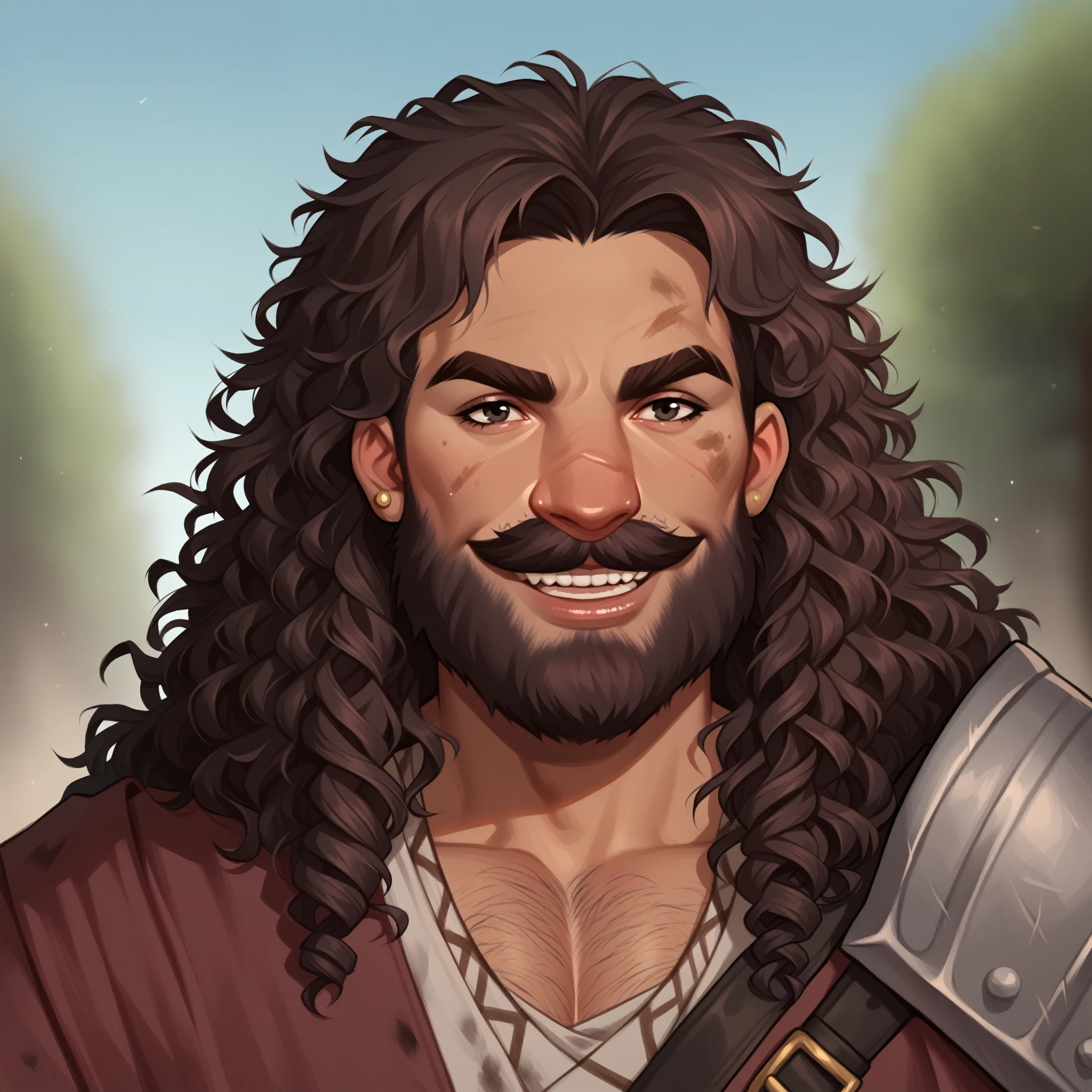 (((beautiful, high quality, detailed face))), score_9, score_8_up, score_7_up, BREAK, giant, a male barbarian:1.3, high stature, big nose, dark curly hair, messy voluminous hair, ((full beard:1.2, mustache)), (((muscular))), ((wide shoulder)), (((mature man:1.1))), tanned skin, ((bushy eyebrows)), small black eyes, hairy body, solo, portrait, upper body, portrait, facing viewer, silly smile, bearing teeth, goofy expression, ((barbarian clothes, dirty)), fantasy outside, blurred background, Expressiveh, detailxl