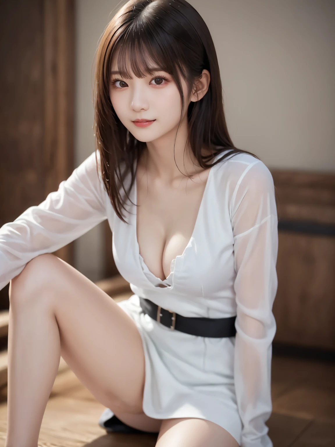  white shirt 、 complex and beautiful eyes、woman、 womanらしい黒髪、(Long and beautiful legs : 1.5), (Mysterious One Piece : 1.6), skirt、(Delicate and realistic hair、１Realistic hair)、bangs、 natural colored lips、(smile : 1.1)、((White Indoor))、((18歳woman:1.2))、 young and adorable Japanese face wrapping a rope around their legs, Official Art， very detailedなCGユニティ8Kの壁紙，（masterpiece:1.0),(Best Quality:1.0), 超 high resolution on down,4K, very detailed, photo shoot, 8k,  NFSDW,  high resolution on down,  Kodak Portrait 400 ,  film grain,  lens flare glow ,高いest quality,8k, NFSDW:1.2),  Portrait Shot ,8k、 viewer, (((Front View))), (((Front View))), ((facing))、 body facing forward、Bold cleavage、 tight chest、 small face, Best Quality、 Super beautiful images、stand up