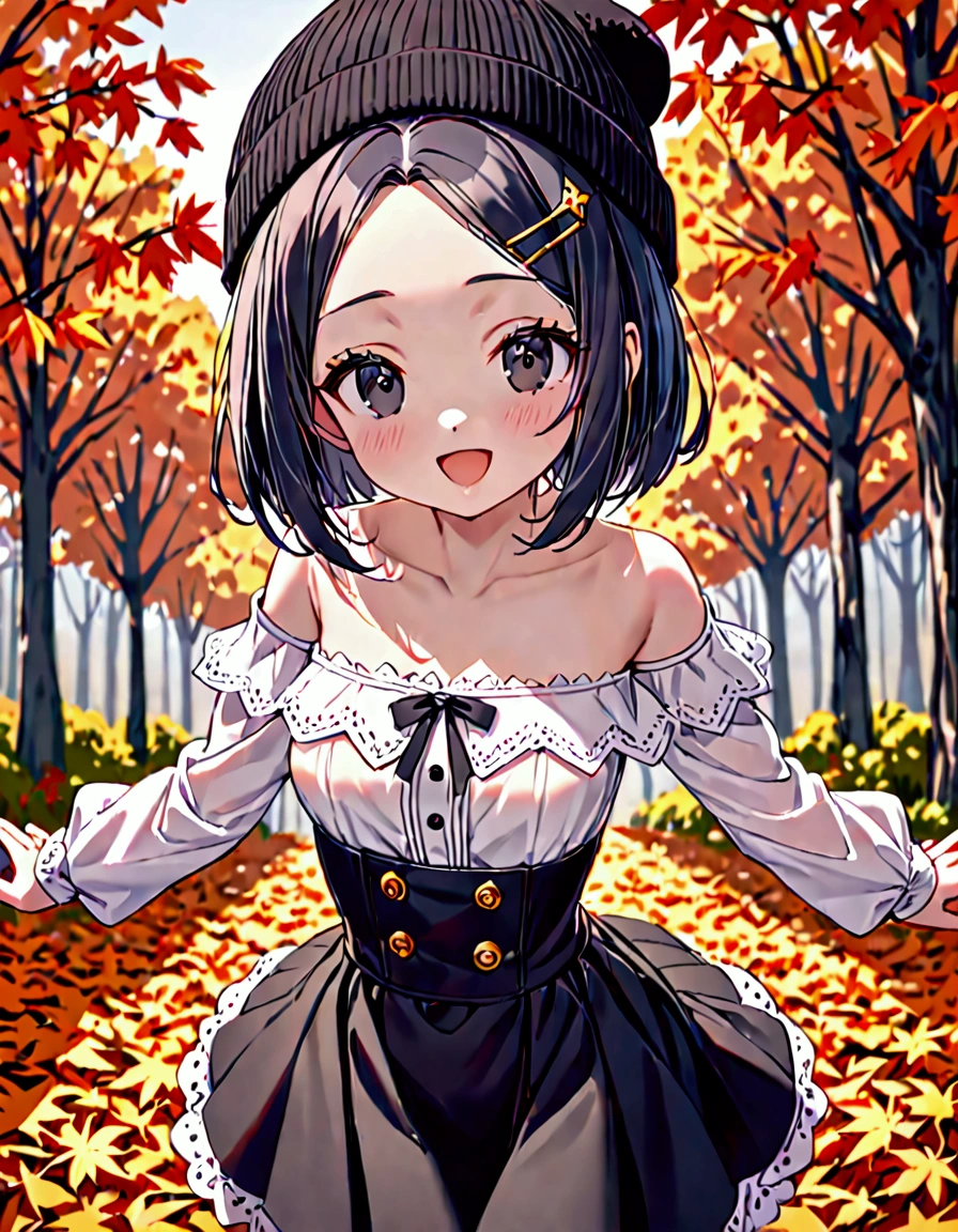 (masterpiece)(best quality)(ultra detailed)(high resolution),solo, petite girl, black hair short hair, bob cut, (forehead:1.2)(hairpin in center parted bangs:1.2), black eyes, slender body, medium hip, ;D, milky white blouse off-shoulder blouse, long sleeves, black skirt high waist flared skirt, autumn leaves, milky white stockings with lace trim, black knit hat square knit hat, upper body above knees, pose of spread both arms, from front,