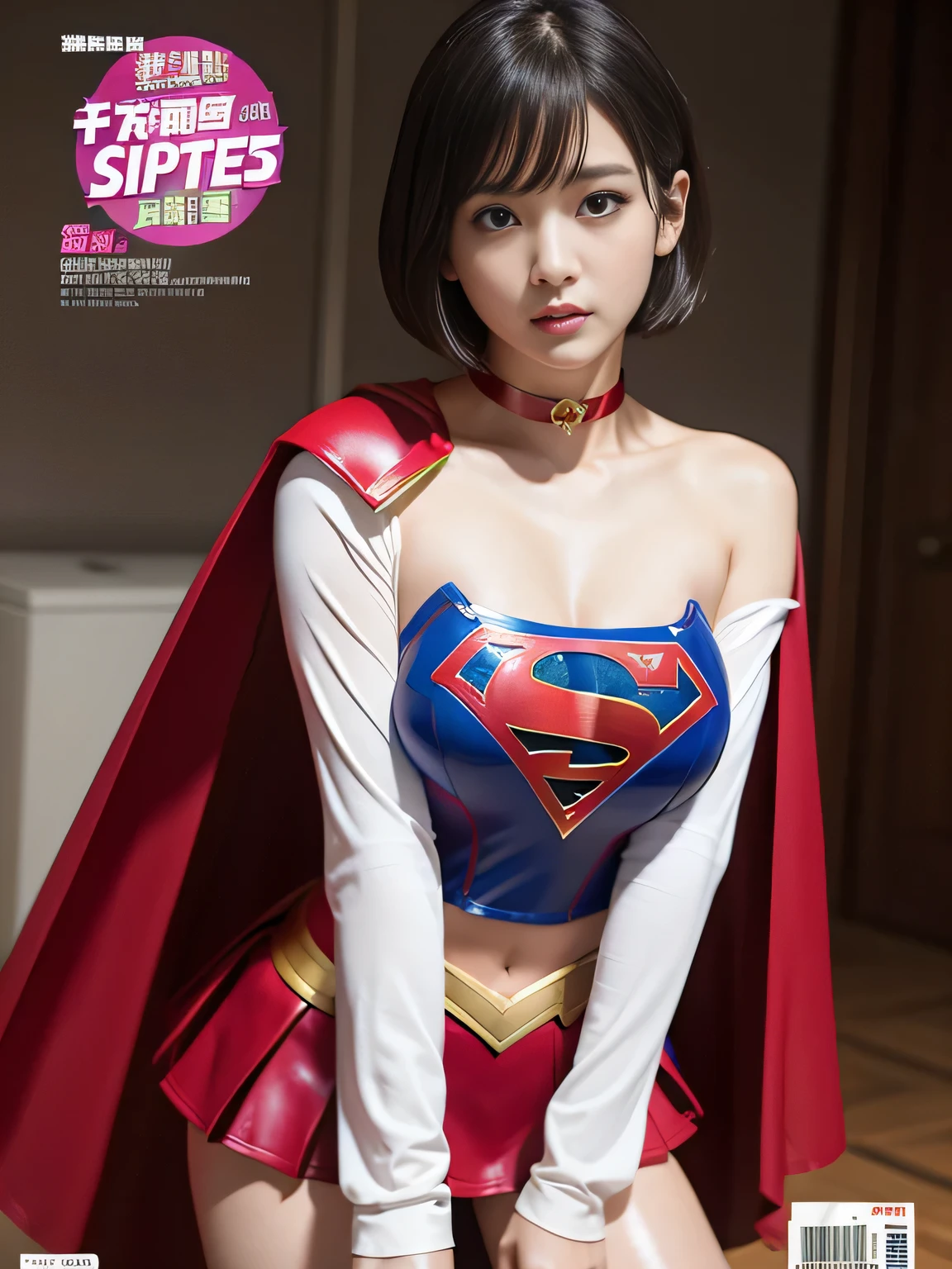 masterpiece、Rubber Supergirl Costume、short hair、Red rubber long boots、Big and ample breasts、looking at the camera、choker、Long sleeve、Cape、mini skirt、Off the shoulder、Sweaty skin、Hospital room、Photo magazine cover、Boasting beautiful legs、Standing pose、Knee-length boots、wallpaper for pc、