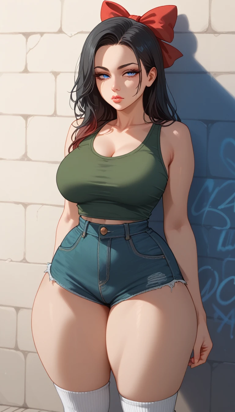 (masterpiece,  Intricate Details),1 woman ,jovial,  long black hair,blue eyes, half-closed eyes  , red hair bow ,soft lips, nose fine,Wear a green tank top and short denim shorts white socks,  thick thighs ,thin waist,sensual pose, Now in the alley ,  graffiti on the walls ,  vibrant colors ,  High definition  