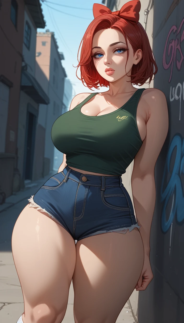 (masterpiece,  Intricate Details),1 woman ,jovial,  long black hair,blue eyes, half-closed eyes  , red hair bow ,soft lips, nose fine,Wear a green tank top and short denim shorts white socks,  thick thighs ,thin waist,sensual pose, Now in the alley ,  graffiti on the walls ,  vibrant colors ,  High definition  