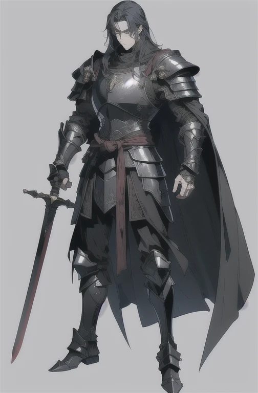 (masterpiece, ultra-detailed, high resolution, best quality:1.2), (anime, full body, standing posture, Simple Background, plain background), (Pauldrons, Gorge, Breastplate, Ford, Vambrace, Gauntlets, Tassets, Cuisses, Greaves, Sabatons), (knight, warrior, muscular, large build, sketchy knight drawing, 1guy, (black armor:1.3), solo, cape, adult male, middle aged, thin eyebrows, blood on face), ((voluminous hair:1.2), (long hair:1.2), (blue hair:1.1)), (holding a sword)