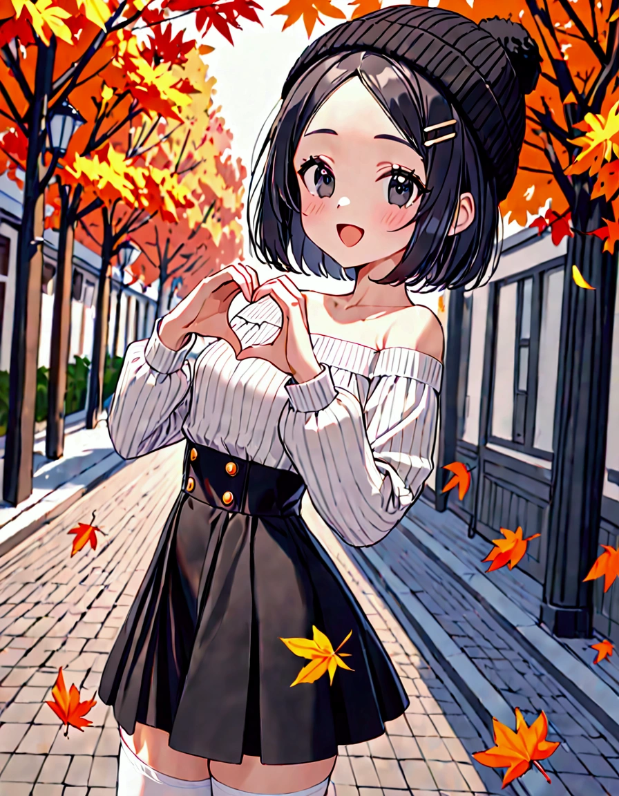 (masterpiece)(best quality)(ultra detailed)(high resolution),solo,  girl, black hair short hair, bob cut, (forehead:1.2)(hairpin in center parted bangs:1.2), black eyes, slender body, medium hip, ;D, milky white blouse off-shoulder blouse, long sleeves, black skirt high waist flared skirt, autumn streetscape, milky white stockings with lace trim, black knit hat square knit hat, upper body above knees, pose of heart hands, from side,