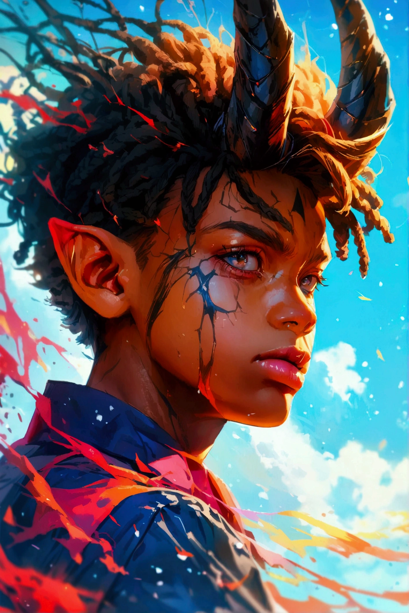 a close up of a person with a black face, Afro American man, black twisted Afro, black hair, beard, muscular, God, Face resembling Rhea Ripley, warrior energy, black long sleeve shirt with silver embroidered typography on sleeve, intricate design on shirt, Crimson Red Flame Aura,Nebular Diamond link chain draped around neck, stud ear piercing made out of diamond, anime art wallpaper 4 k, high resolution, beast form,anime art,masculine, black man, glowing eyes, muscular,badass, calm, patient, compassionate, attractive, naturally charming-graceful, anime 8 k, anime epic artwork, 4 k manga wallpaper, embodied cool sense of being, ultra hd anime wallpaper
