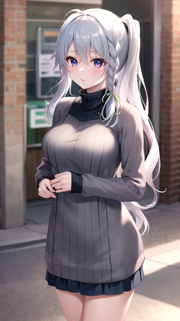 masterpiece, best quality, highres, aasora, braid, long hair, side ponytail, hair ribbon, (sweater dress:1.1), virgin killer sweater, ribbed sweater, turtleneck, street, standing, cowboy shot