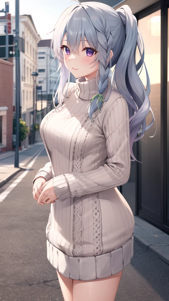 masterpiece, best quality, highres, aasora, braid, long hair, side ponytail, hair ribbon, (sweater dress:1.1), virgin killer sweater, ribbed sweater, turtleneck, street, standing, cowboy shot