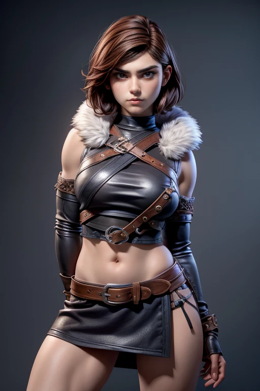  Young Viking woman , short brown hair, ojos marrones, leather armor, top leather straps ,  muscular shirt , fur skirt, bushy eyebrows,  looking at the camera , Epic character composition,  a look of determination,  full body,  masterpiece , super detail,  Natural lighting,  sharp focus,  ultra resolution , bottomless.