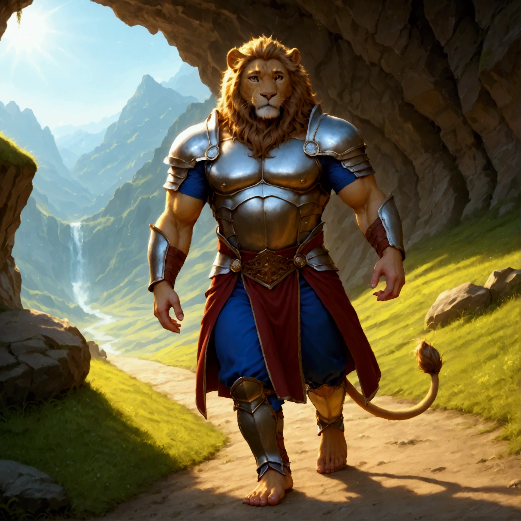 character focus, full body, looking away, various angle, european fantasy, a muscular middle-aged lion man, heroic costume clothes, armor, shirt, pants, dynamic pose, BREAK complete anatomy, perfect proportions, beautiful thigh gap, fluffy body, intricate fur details, beautiful fur texture, BREAK a detailed lion 1tail, detailed boots, detailed foot, detailed hands, 5fingers, 5fingers nails, BREAK aesthetic anime face, insanity detailed face, male face, big face, square jawline, aesthetic anime eyes, detailed brown eyes, detailed brown cornea, detailed dark brown irises, detailed pupils, male eyes, big eyes, male eyebrows, innocent look, beautiful beard, BREAK full body in Michelangelo Buonarroti style, digital illustration anime, housamo style, detailed painting landscape, cave, path, outdoor, full color, HDR, BREAK masterpiece, official art, best quality, very aesthetic, absurdres, super fine illustration, great quality, BREAK noise reduction, very highres, large filesize, high quality, 32K, 8k wallpaper, dynamic lighting, BREAK insanity detailed, ultra detailed, intricate details, extremely detailed, detailed texture, an extremely delicate and beautiful, BREAK osukemo, e621 illustration, kemohomo, anthropomorphic, furry, cartoon, harmonious body, pastoral face, virtuous eyes, epic atmosphere