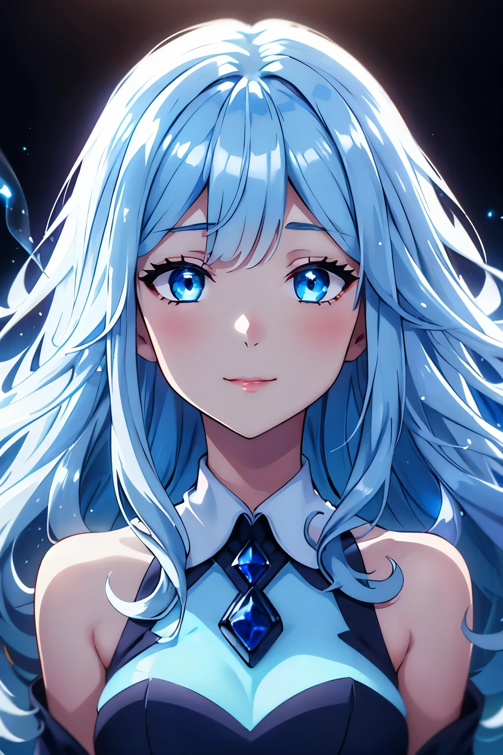 (high-quality, breathtaking),(expressive eyes, perfect face) portrait, 1girl, female, solo, teenager, Symmetrical Eyes, mum, blue colored hair, gradient hair, glowing hair, light blue eyes, medium hair length, soft wavy flowy hair, gentle smile, loose hair, side bangs, looking at viewer, happy expression, hair like smoke, white skin, soft red lips, elegant, regal, half closed eyes, luminous hair, Bioluminescence clothing, cowboy shot, medium full shot, blue flowly dress, 