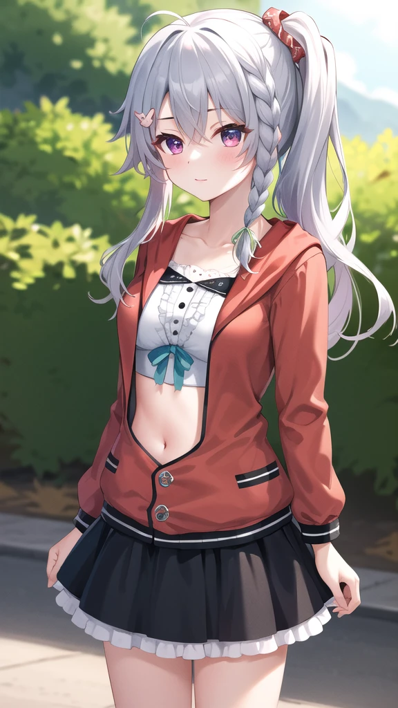 masterpiece, best quality, highres, aasora, braid, long hair, side ponytail, hair ribbon, hair ornament, collarbone, crop top, frills, red jacket, long sleeves, blue skirt, outdoors, standing, cowboy shot, straight-on, arms at sides,