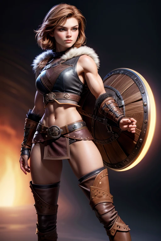  Young Viking woman , short brown hair, ojos marrones, leather armor, top leather straps ,  muscular shirt , fur skirt, bushy eyebrows,  looking at the camera , Epic character composition,  a look of determination,  full body,  masterpiece , super detail,  Natural lighting,  sharp focus,  ultra resolution , bottomless.