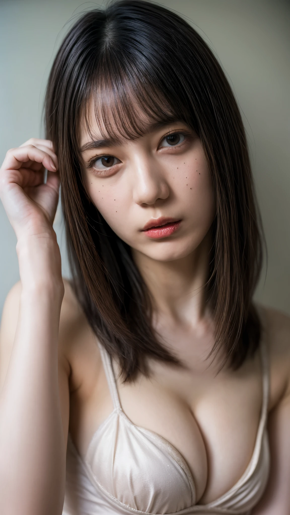 (turn off nsfw,turn off censored),(high resolution photograph of a Japanese female idol),(realistic,photo-realistic:1.37), (best quality, masterpiece:1.2), 16k, RAW photo, intricate details, extremely, detailed, sharp focus,cinematic lighting,portrait, solo, 1girl, (dark hair,straight hair,blunt bangs), upper body, smooth armpits, one arm up, full frontal, ((tiny breasts)), simple background,