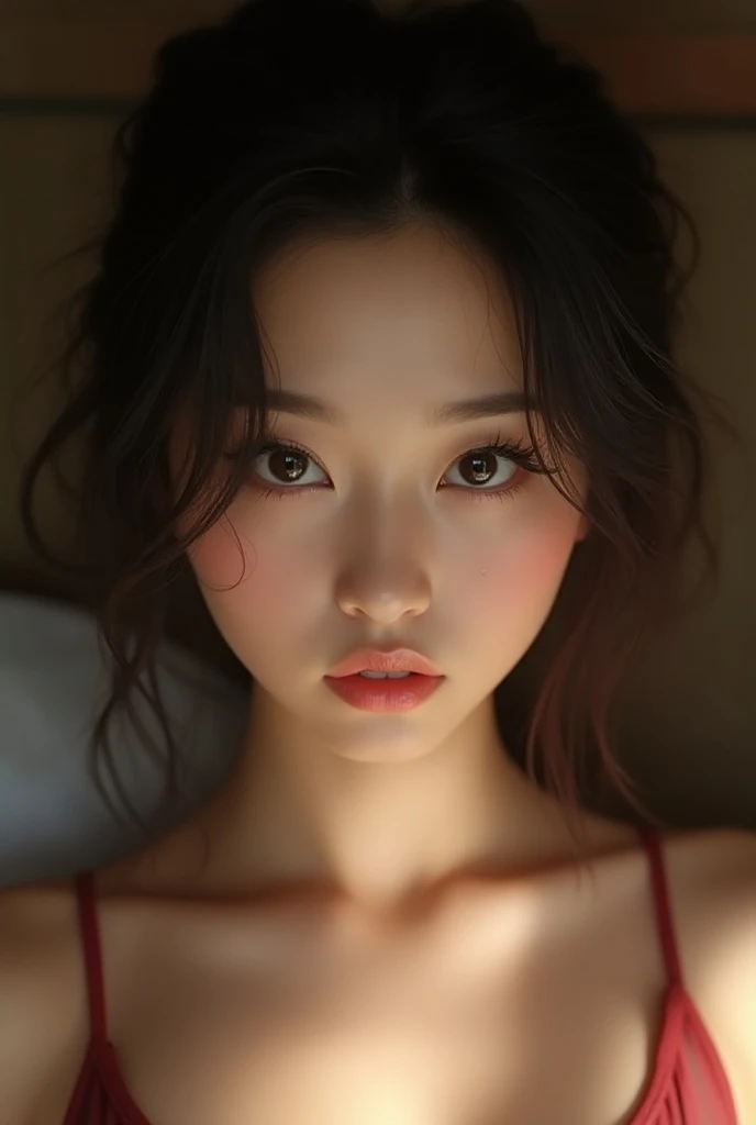 (Highest quality, 8k, 32K, masterpiece, Ultra-high resolution:1.2), Beautiful Japanese Women Photo, haughty expression, arched eyebrows, mischievous grin; provocative, natural beauty, (Leaning forward:1.3), (close:1.4), indoors, cleavage, Blurred Background