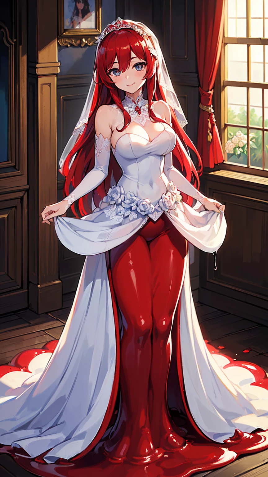 1 girl, (((oni girl))), (((red skin))), horns, white hair, ((maid)), (solo female), white maid apron, maid headdress, maid skirt, (((victorian maid dress))), puffy sleeves, fascinated expression, full body portrait, inside mansion, bedroom background